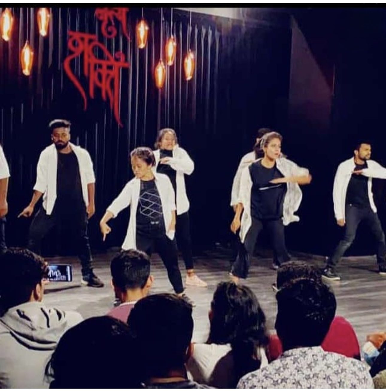 Amrita Rai performing on stage with fellow dancers at Nritya Shakti Studio, Mumbai