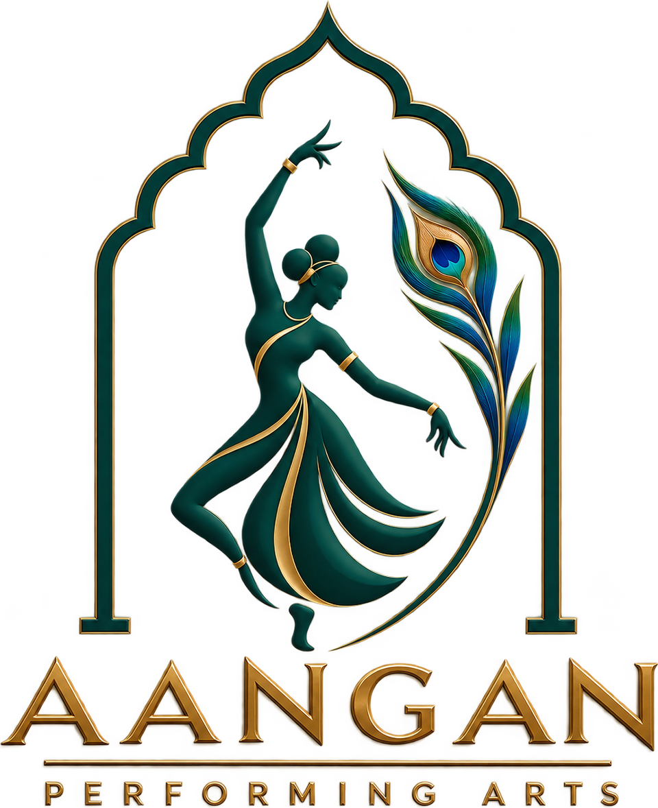Aangan Performing Arts logo &mdash; a dancer and peacock feather within a temple arch